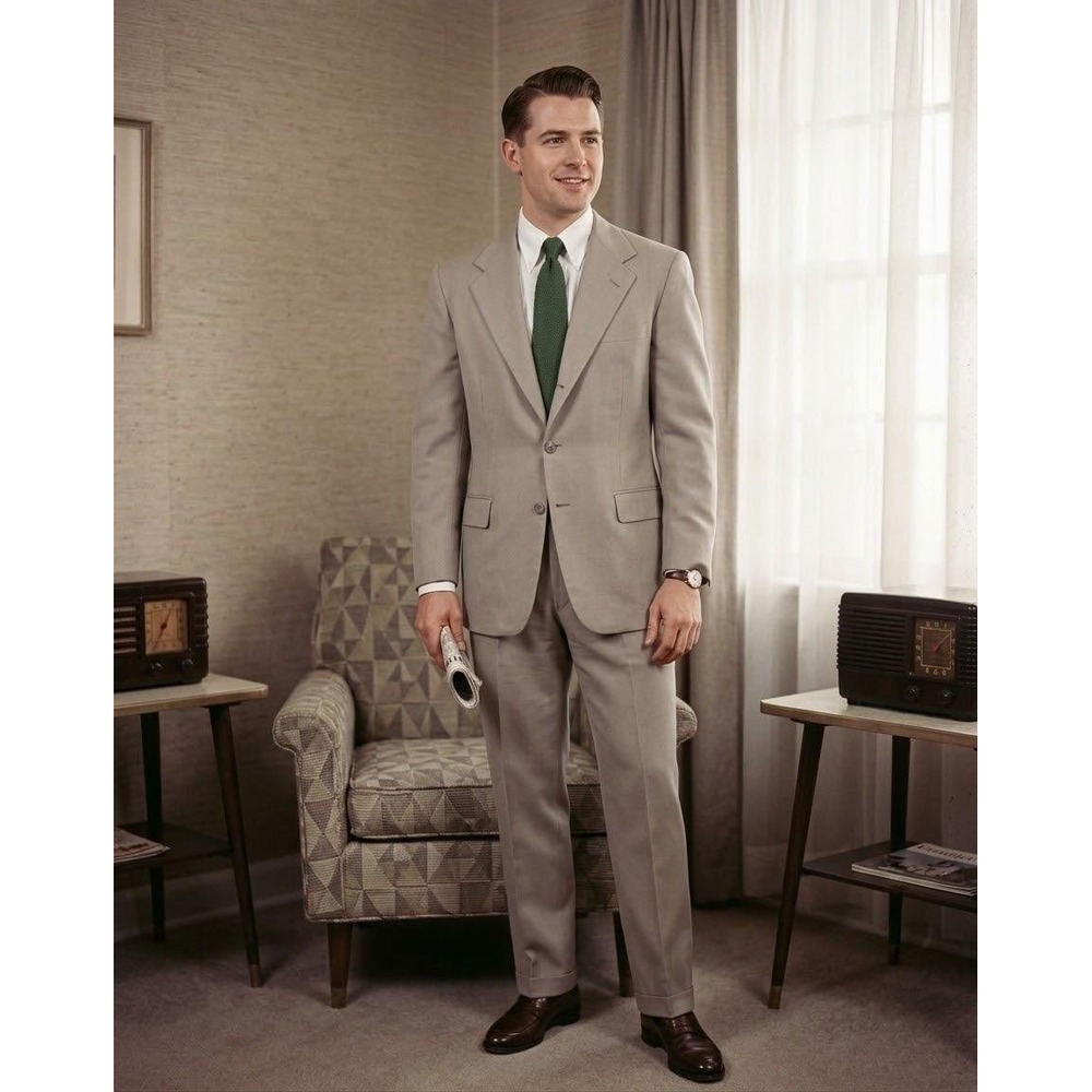VTG Haspel Ivey's Suit Set Mens 40L 34x30 Khaki Tan Pleated Pants Two Button